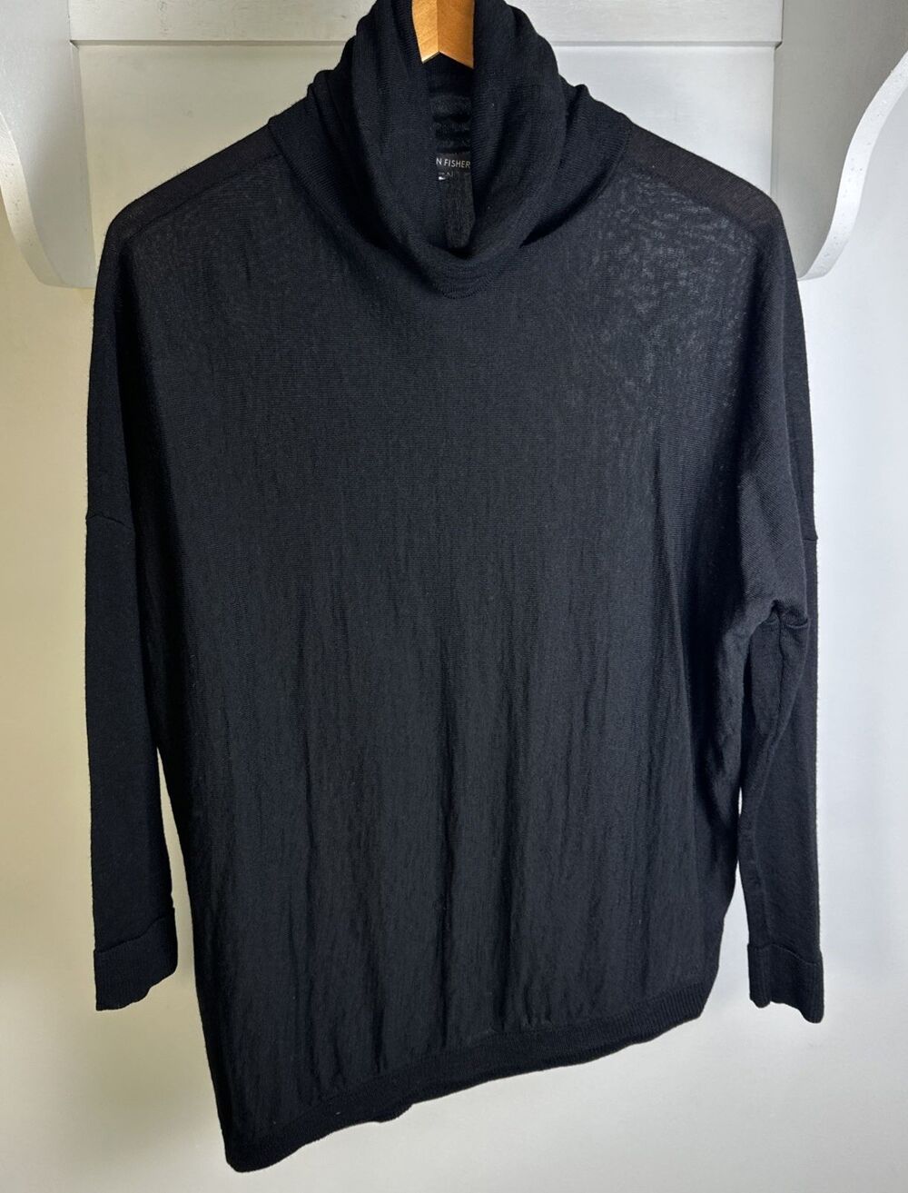 Eileen Fisher Asymmetrical Turtleneck Black Merino Wool Lightweight Sweater XS